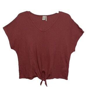 Paper Crane Womens V-Neck Waffle Knit Front Tie Knot Top Mauve Large TM41206A
